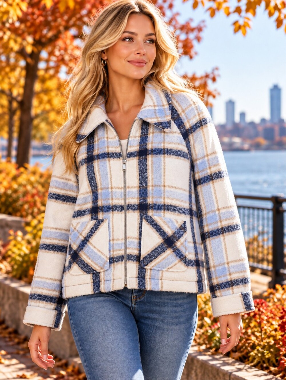 Bagatelle womens full zip collar Jacket cream blue brushed plaid pockets Large
